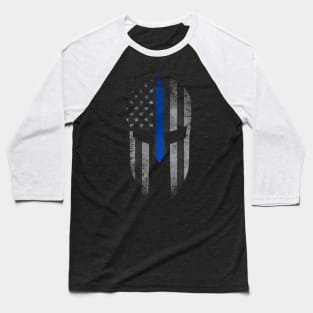 Blue Line American Flag Spartan Helm Baseball T-Shirt